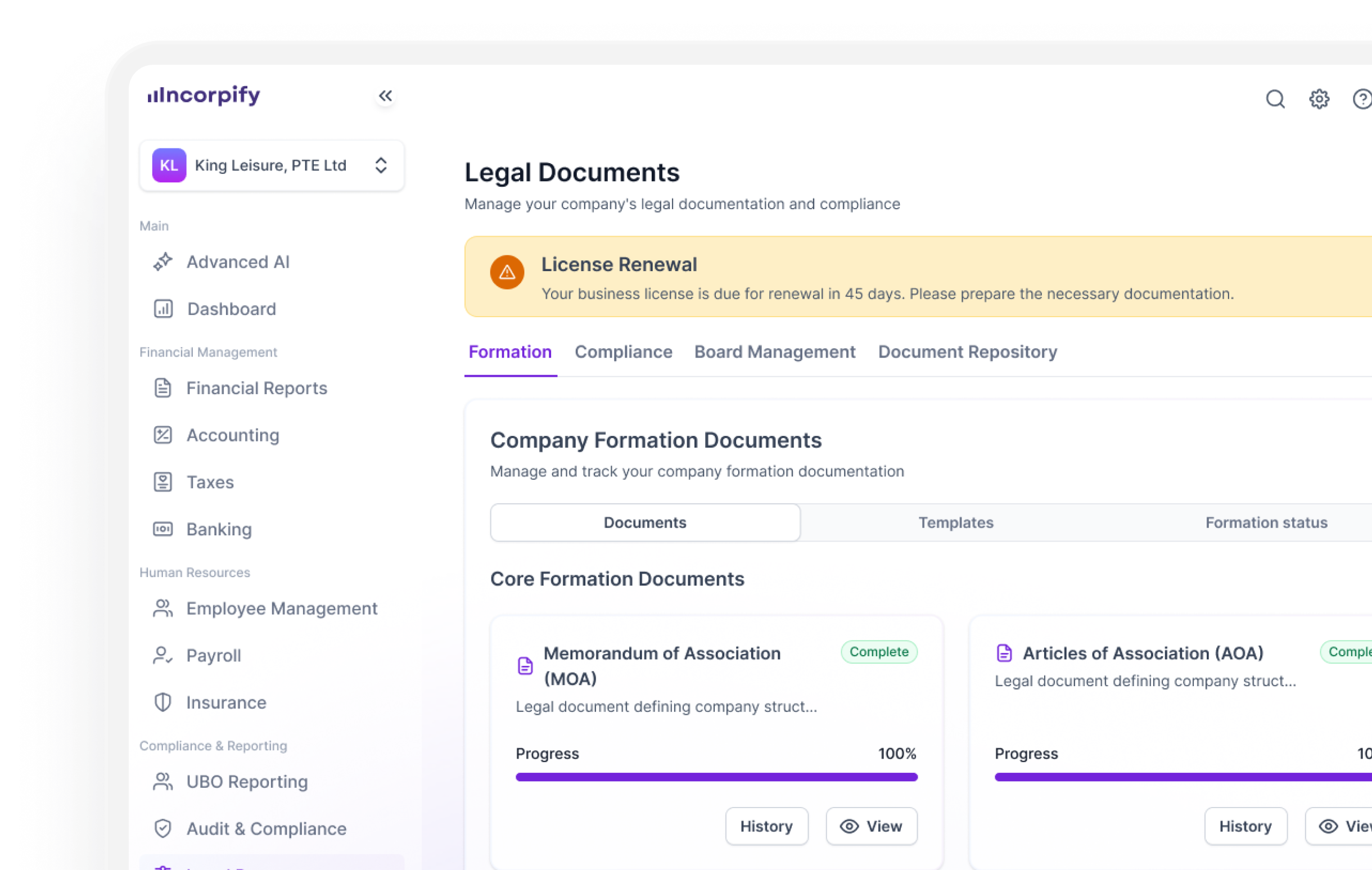 Incorpify platform preview